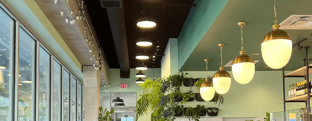 a beautiful interior of a bar with lights and plants