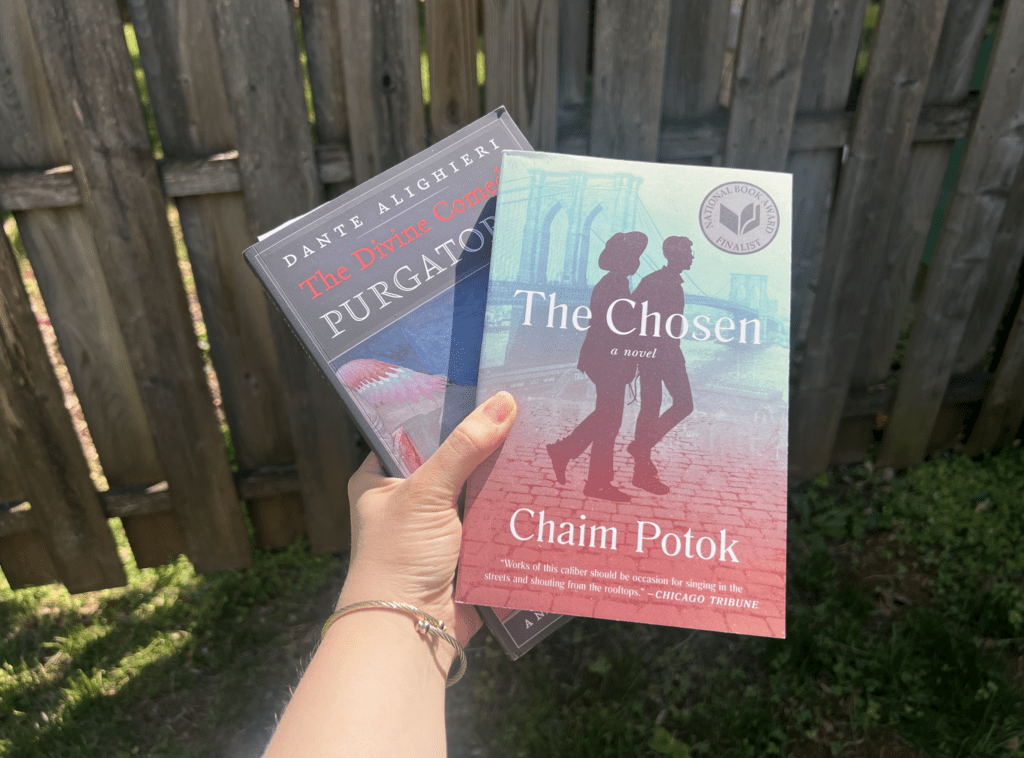 Two books held outdoors against a wooden fence background.